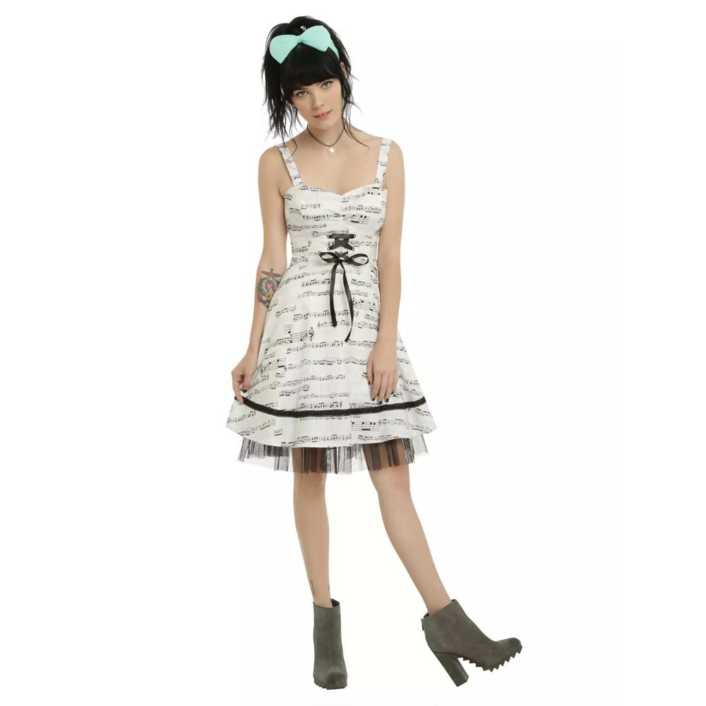 HOT TOPIC Women's ivory white black music note tulle swing mini dress Medium NWT